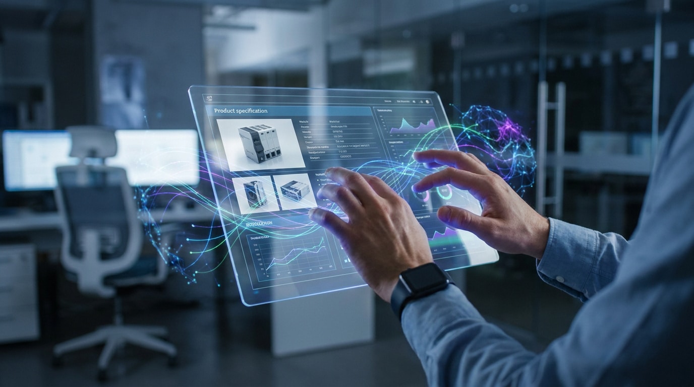 Mains manipulant une interface holographique affichant des spécifications techniques de produits et des données.