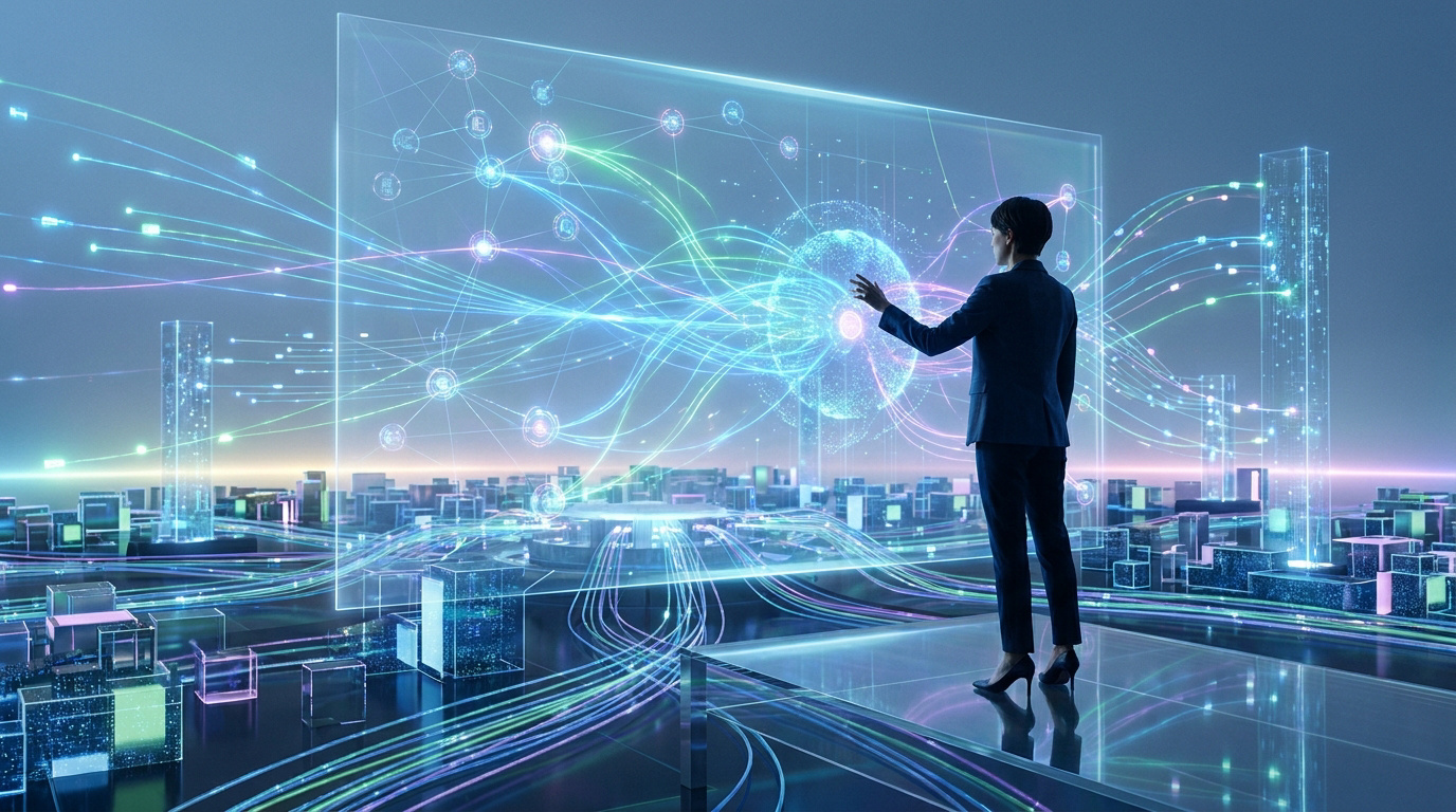 Une professionnelle en costume interagit avec une interface holographique complexe représentant des flux de données.
