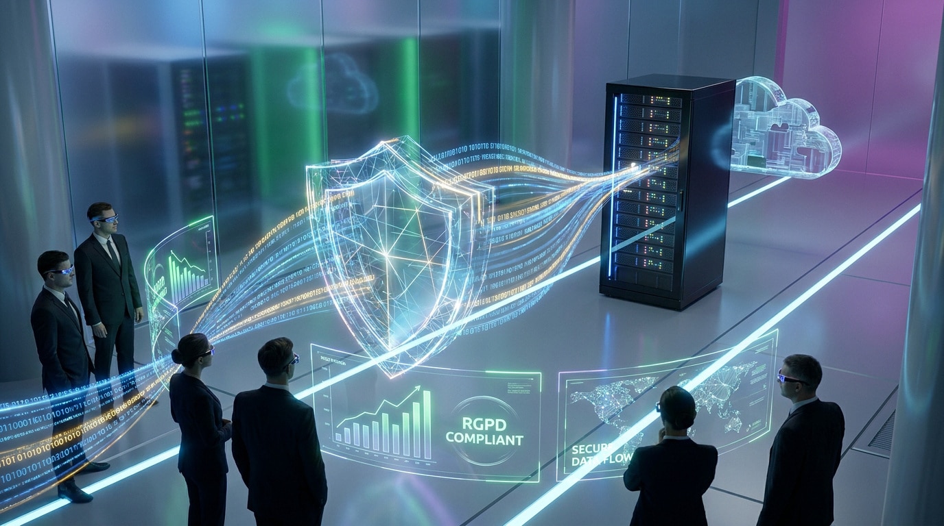 Des professionnels en salle de serveurs analysant un flux de données sécurisé par un bouclier numérique holographique.