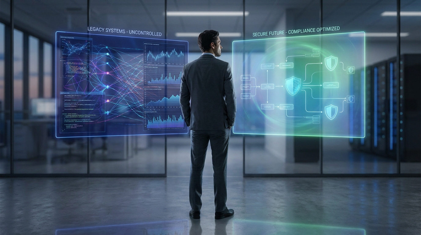 Un homme d'affaires regarde deux écrans holographiques comparant des systèmes hérités et une future infrastructure sécurisée.