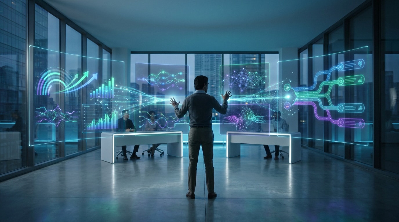 Un homme d'affaires interagit avec des interfaces holographiques de données dans un bureau moderne.