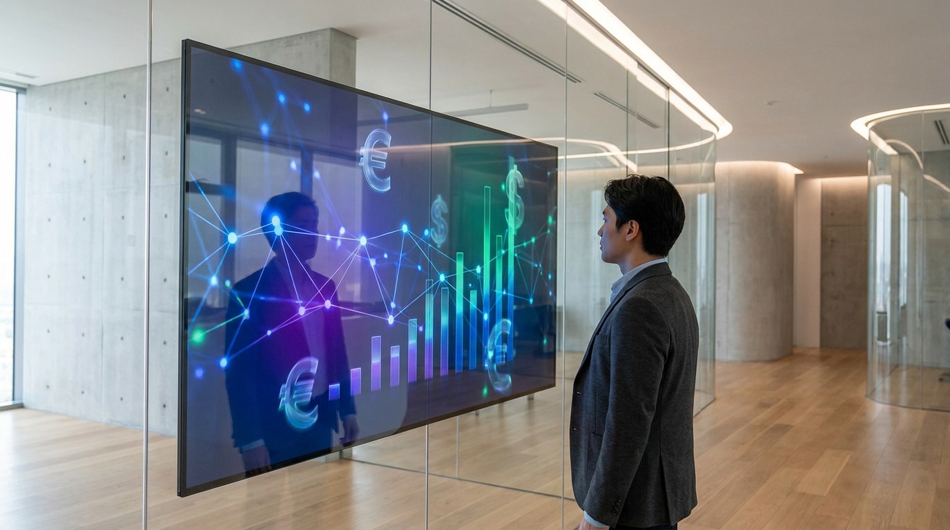 Un homme d'affaires regarde un écran affichant des données financières et un réseau numérique.