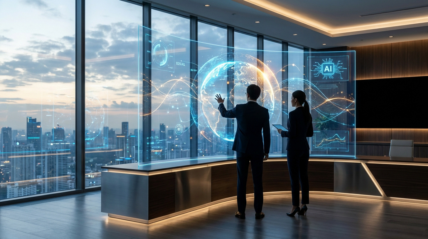 Deux professionnels analysent une carte du monde numérique holographique dans un bureau moderne avec vue sur la ville.