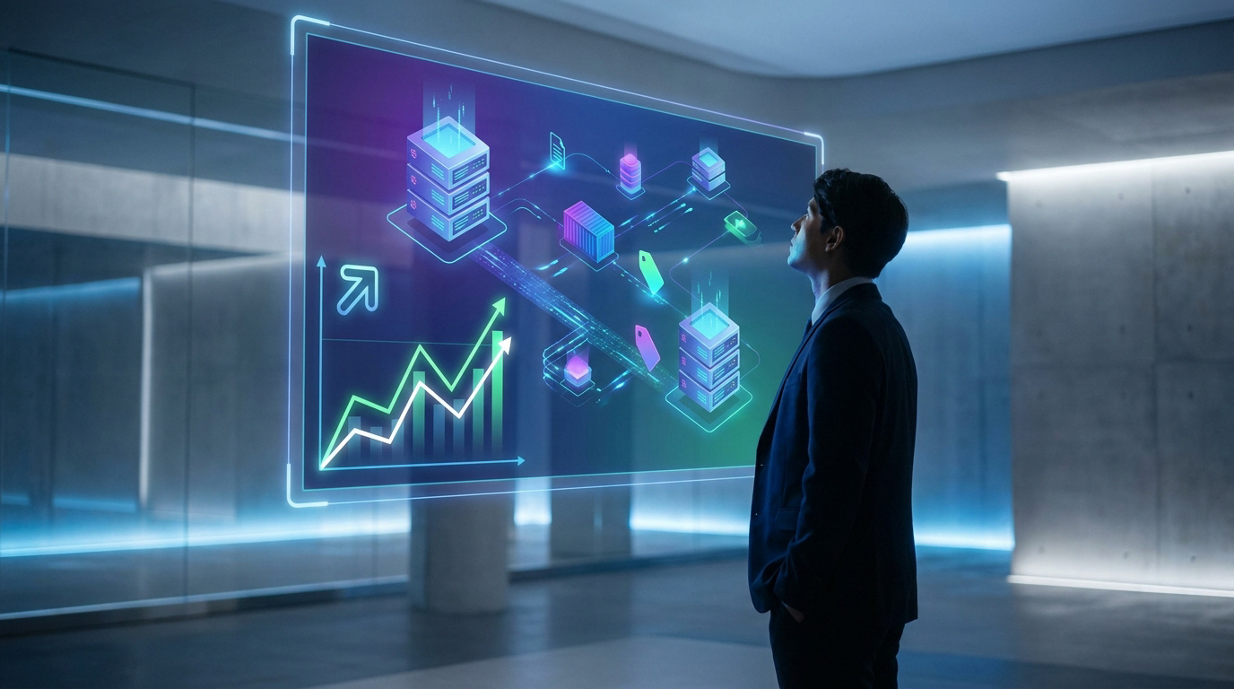 Un homme d'affaires regarde un écran holographique affichant des données de serveurs et des graphiques de croissance.