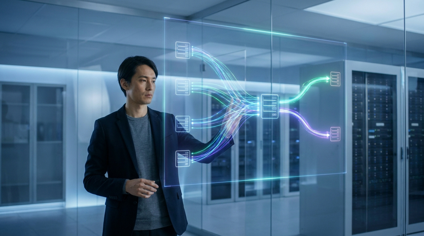 Un ingénieur en costume manipule une interface holographique de flux de données dans un centre de serveurs moderne.