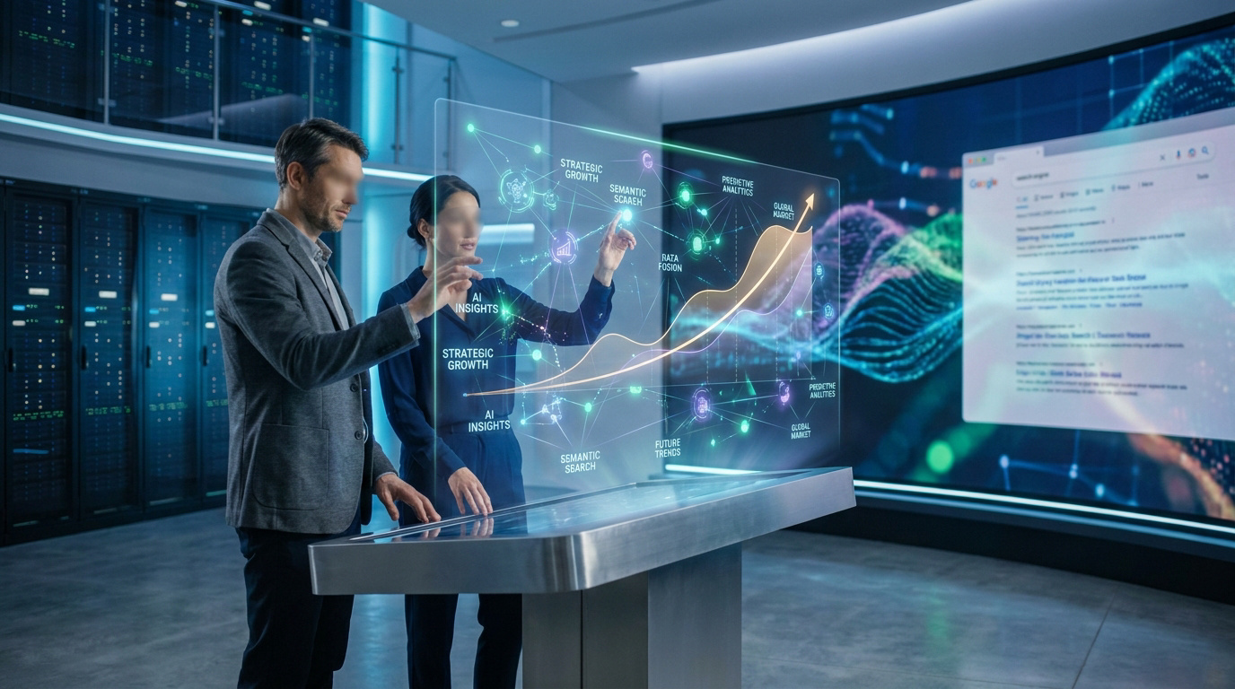 Deux professionnels analysent des données sémantiques et une courbe de croissance sur une interface holographique futuriste.