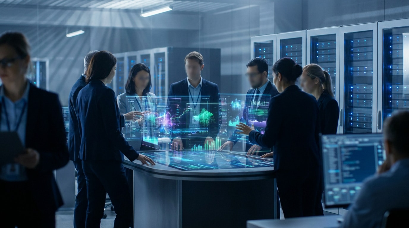 Équipe travaillant sur des données analytiques complexes via une interface holographique dans un centre de données.