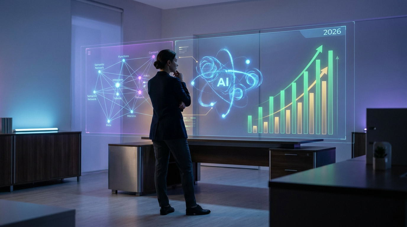 Professionnelle devant un écran holographique affichant des données d'IA et des graphiques de croissance pour 2026.
