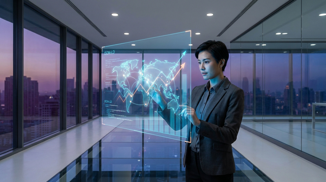 Femme d'affaires interagissant avec une interface holographique affichant des données et une carte mondiale dans un bureau.