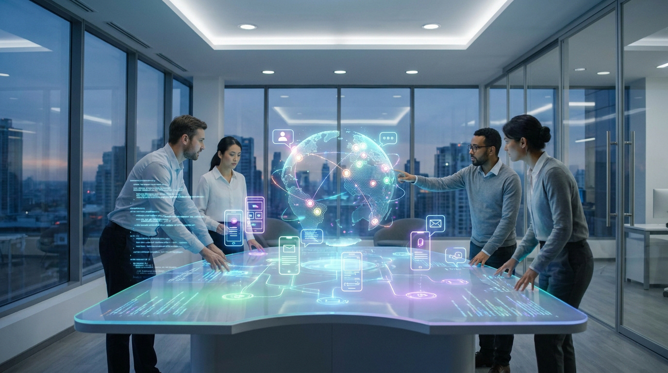 Équipe travaillant sur une table interactive avec un globe holographique et des icônes numériques dans un bureau moderne.