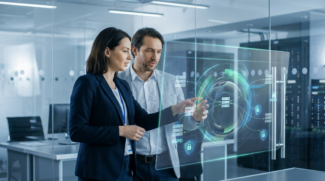 Deux professionnels analysent des données de sécurité RGPD sur une interface numérique transparente dans un centre de données.