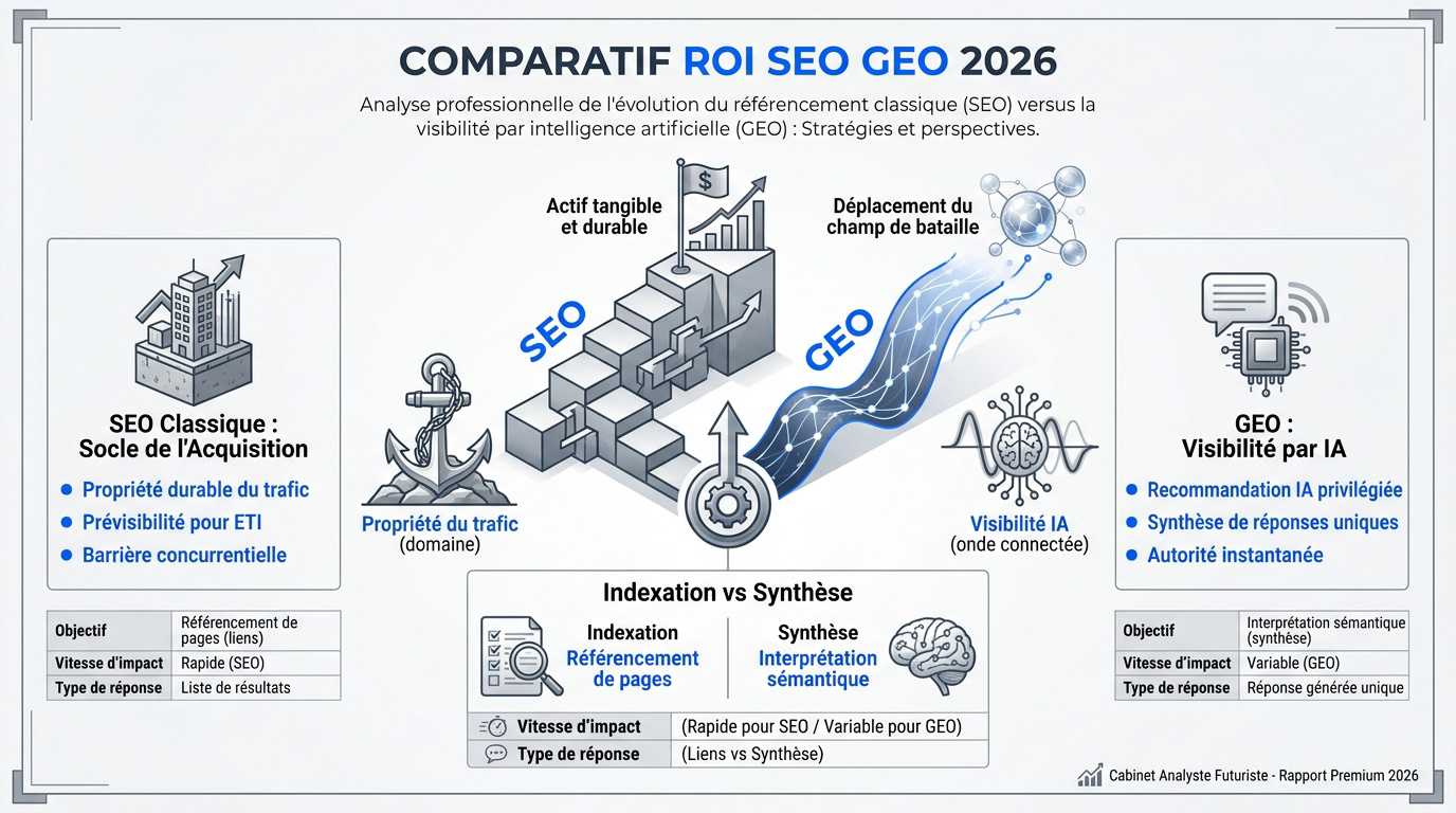 Graphique comparatif des performances ROI entre SEO et GEO pour les ETI en 2026