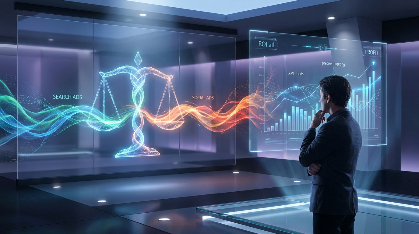Un professionnel face à une balance holographique représentant le choix entre Search Ads et Social Ads en 2026.