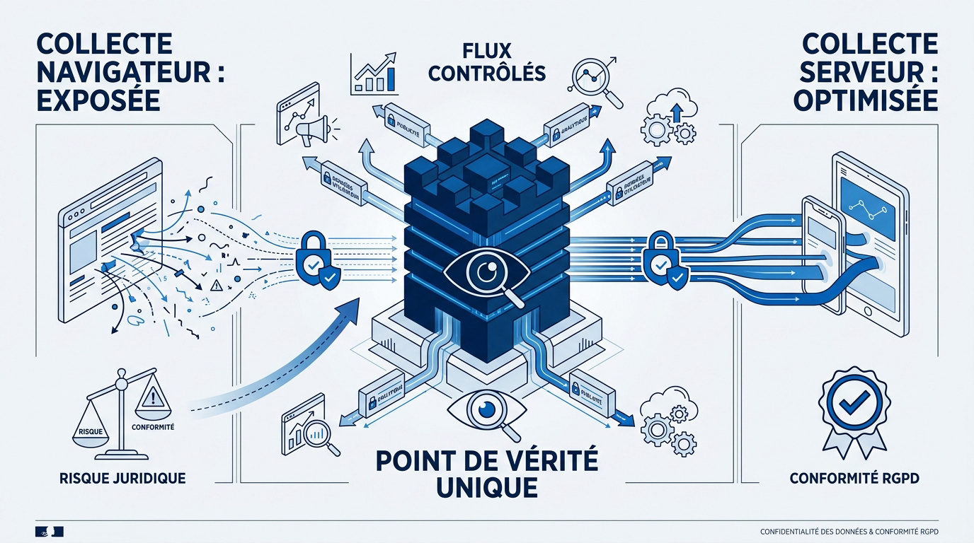 Schéma illustrant le flux de données sécurisé du risque vers la conformité via un serveur proxy