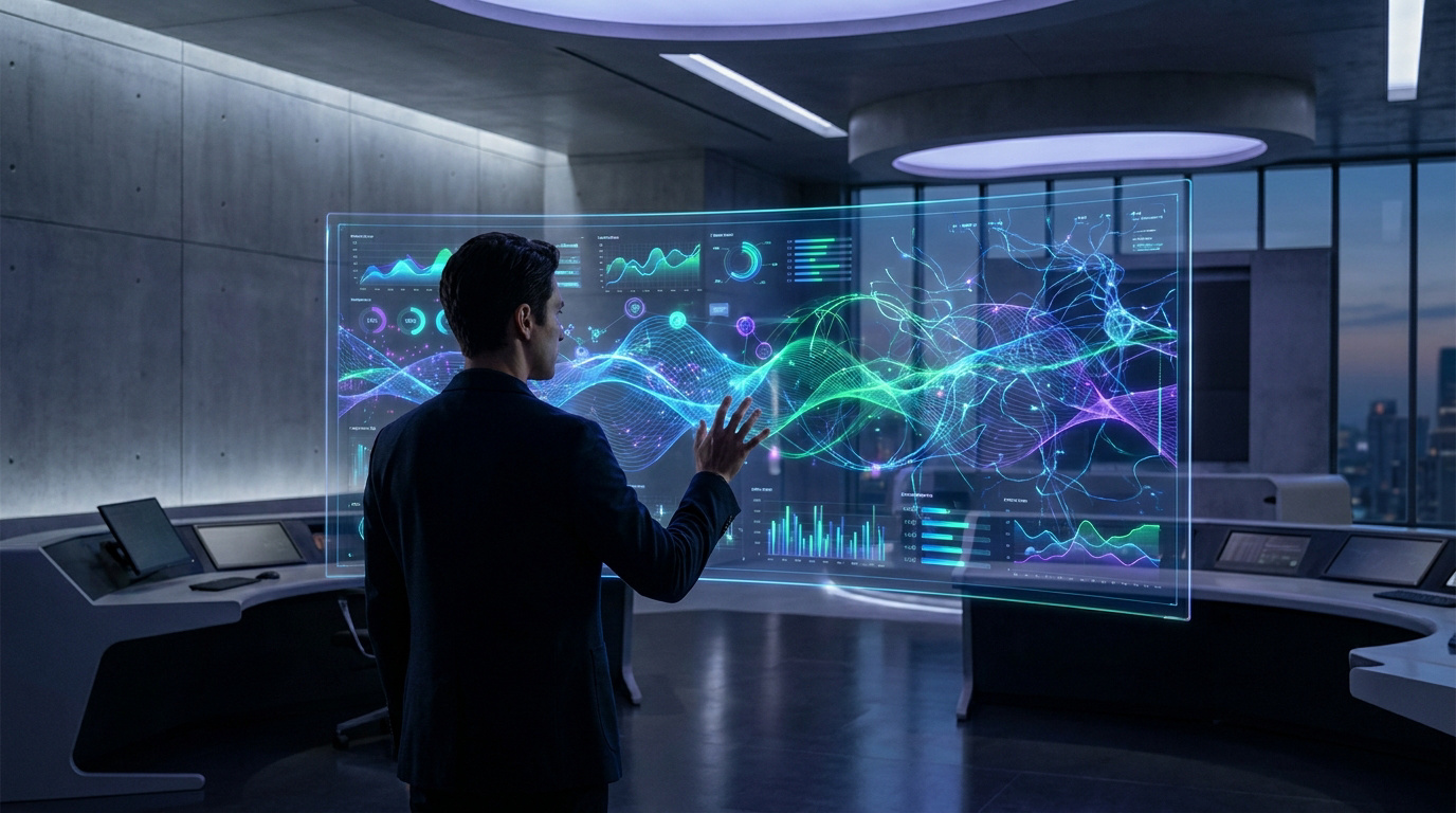 Un homme en costume interagit avec un tableau de bord holographique futuriste affichant des données et graphiques complexes.