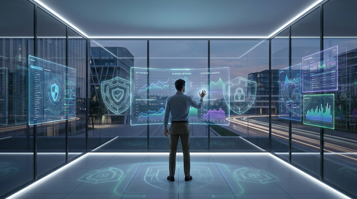 Un professionnel analyse des données de recherche marketing sur des écrans holographiques dans un bureau moderne.