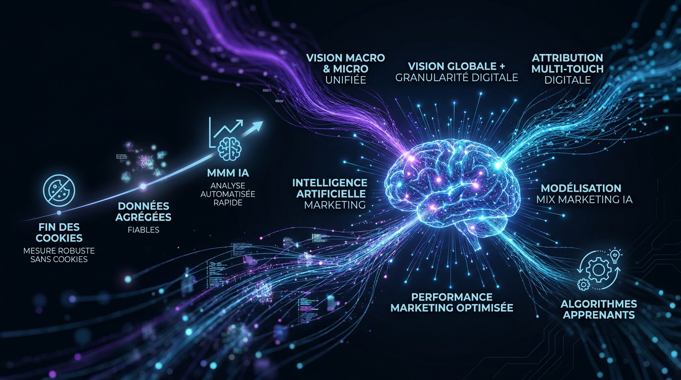 Schéma illustrant la modélisation mix marketing par l'IA et l'attribution omnicanale