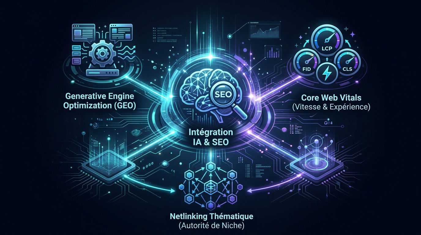 Interface technologique illustrant l'alliance entre l'intelligence artificielle et l'optimisation pour les moteurs de recherche