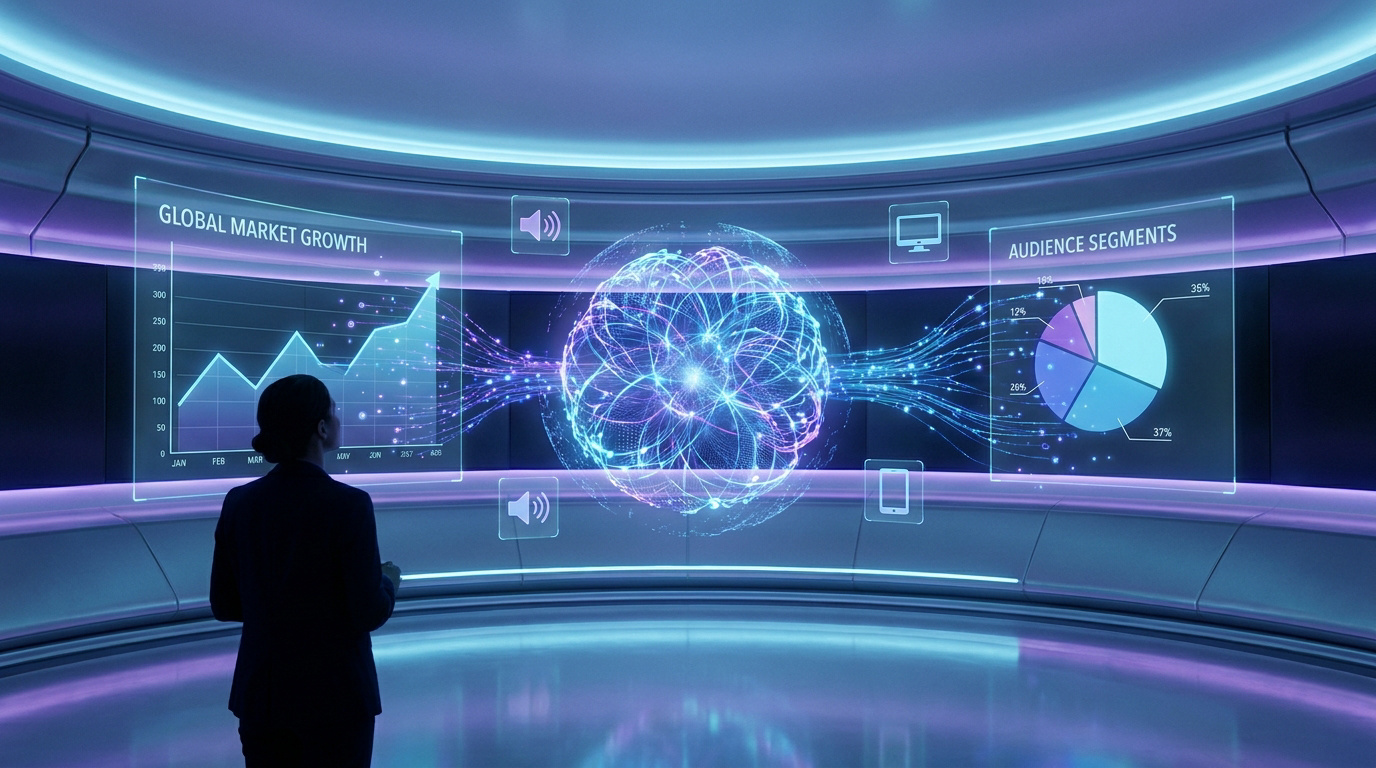 Une personne regarde un tableau de bord numérique affichant des données de croissance et de segments d'audience.