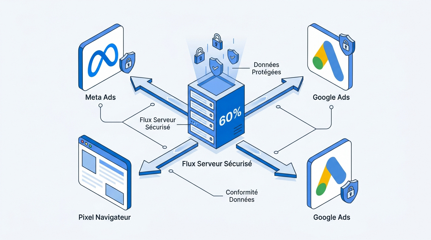 Infographie expliquant le fonctionnement de l'API de conversion Meta et Google Ads via le tracking serveur