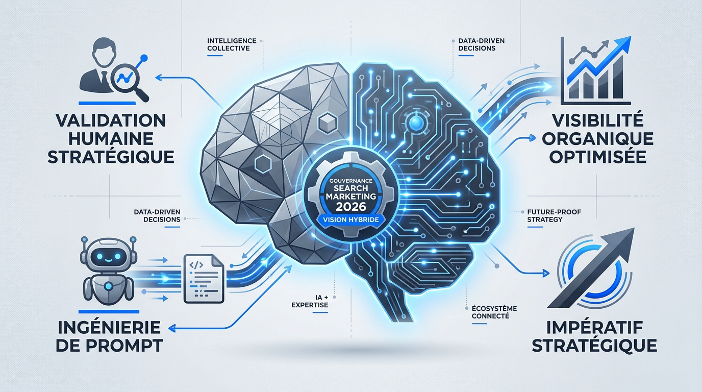 Infographie sur la structure de gouvernance search marketing intégrant l'IA en 2026