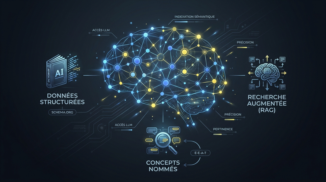 Infographie expliquant le lien entre données structurées, concepts sémantiques et systèmes RAG pour l'IA