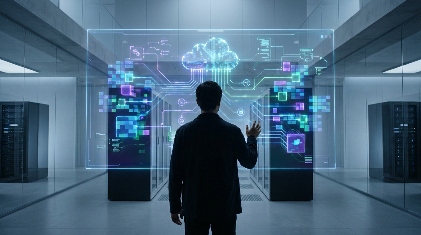 Un ingénieur manipule une interface holographique de serveurs et de flux de données dans un centre informatique.