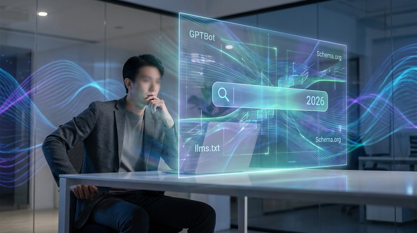 Un homme réfléchit devant une interface holographique futuriste affichant une barre de recherche, GPTBot et Schema.org.