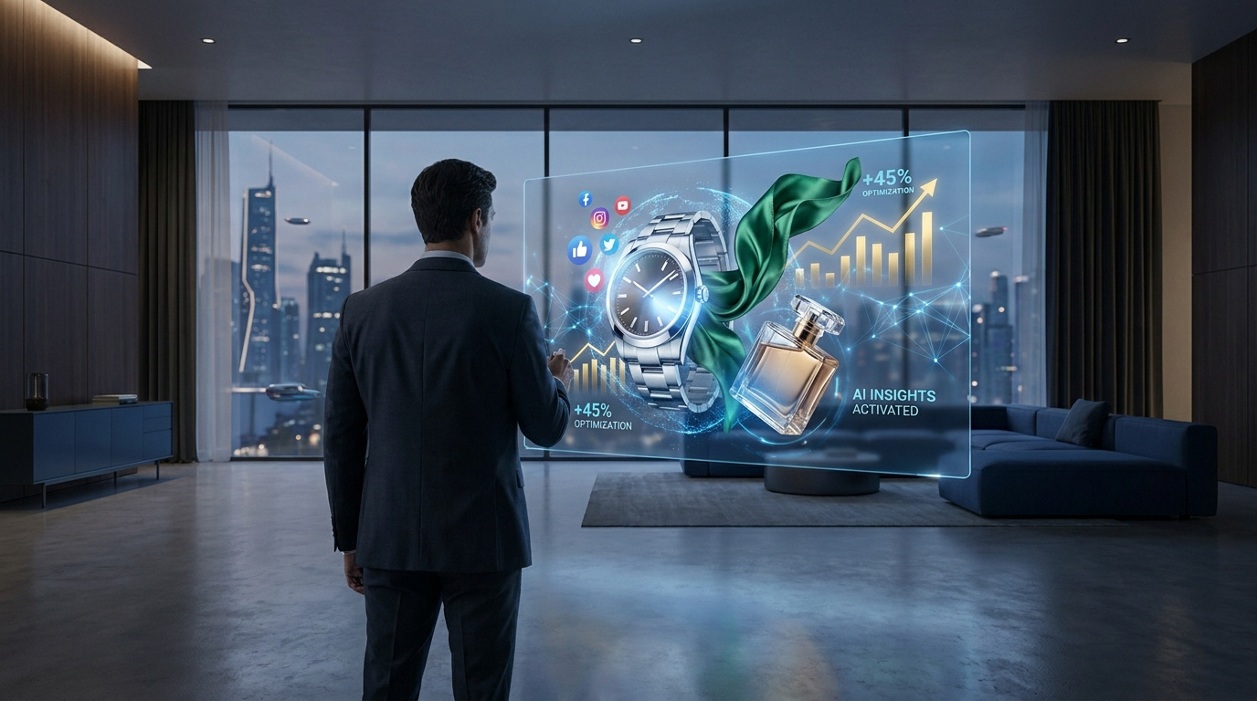 Un homme en costume observe un écran holographique futuriste affichant des données sur des montres et parfums de luxe.