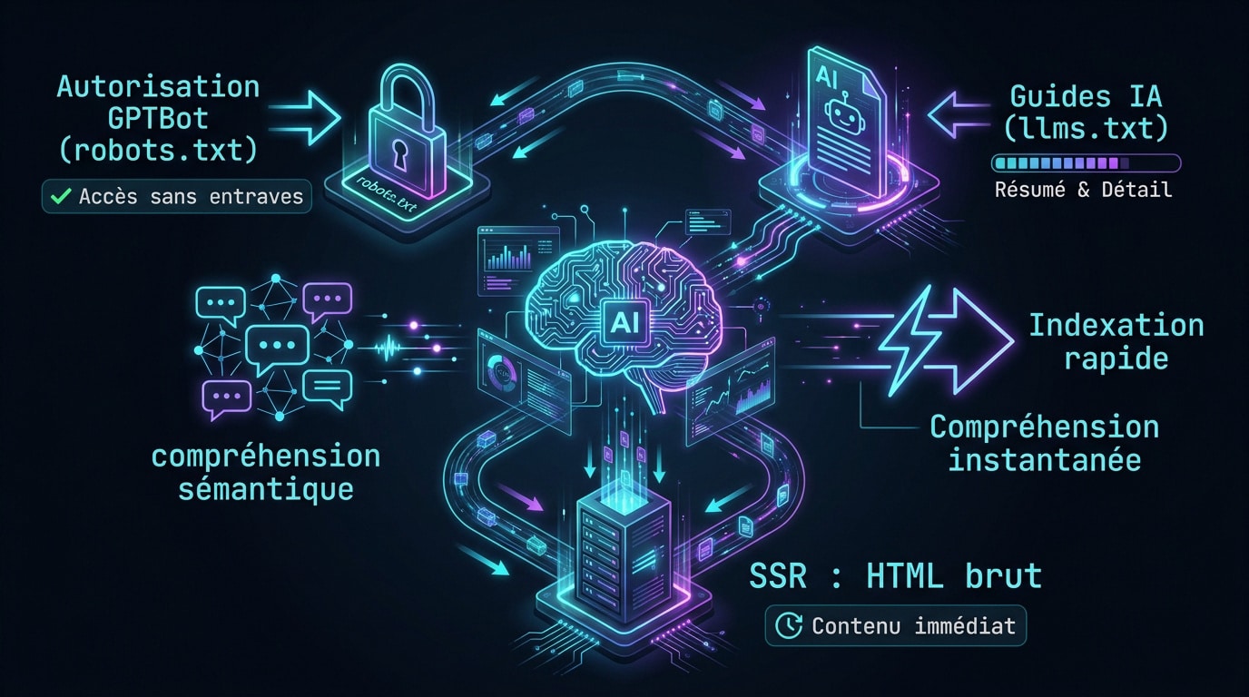 Schéma technique de l'optimisation pour ChatGPT Search 2026 incluant GPTBot et SSR