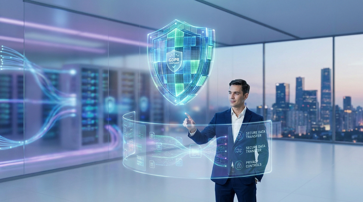 Un professionnel en costume manipule une interface holographique affichant un bouclier de conformité RGPD.