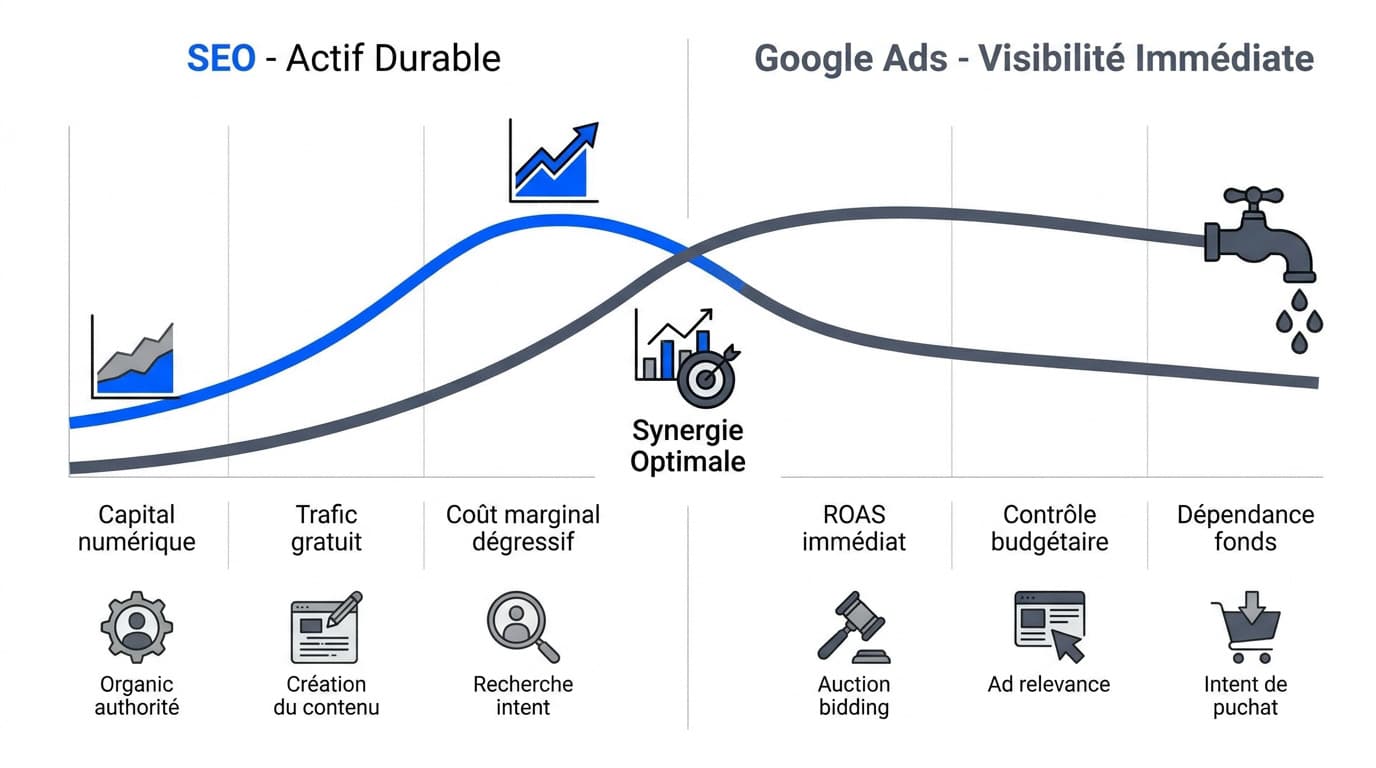 Graphique comparatif de la rentabilité SEO et Google Ads sur le long terme