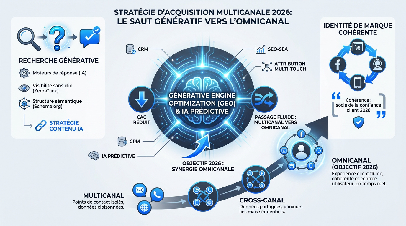 Schéma de l'évolution du marketing multicanal vers l'omnicanalité en 2026