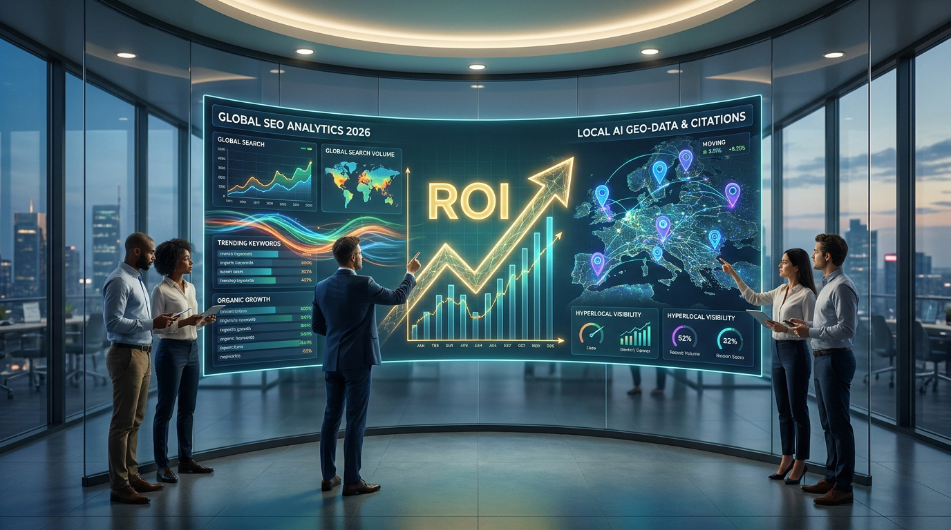 Équipe analysant des données SEO et GEO sur un écran numérique interactif.