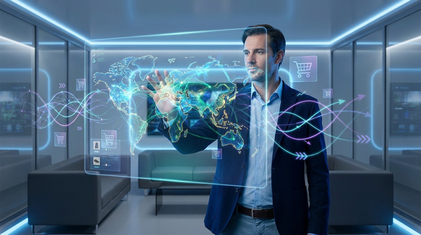 Un homme d'affaires interagit avec une interface holographique affichant une carte du monde et des icônes e-commerce.