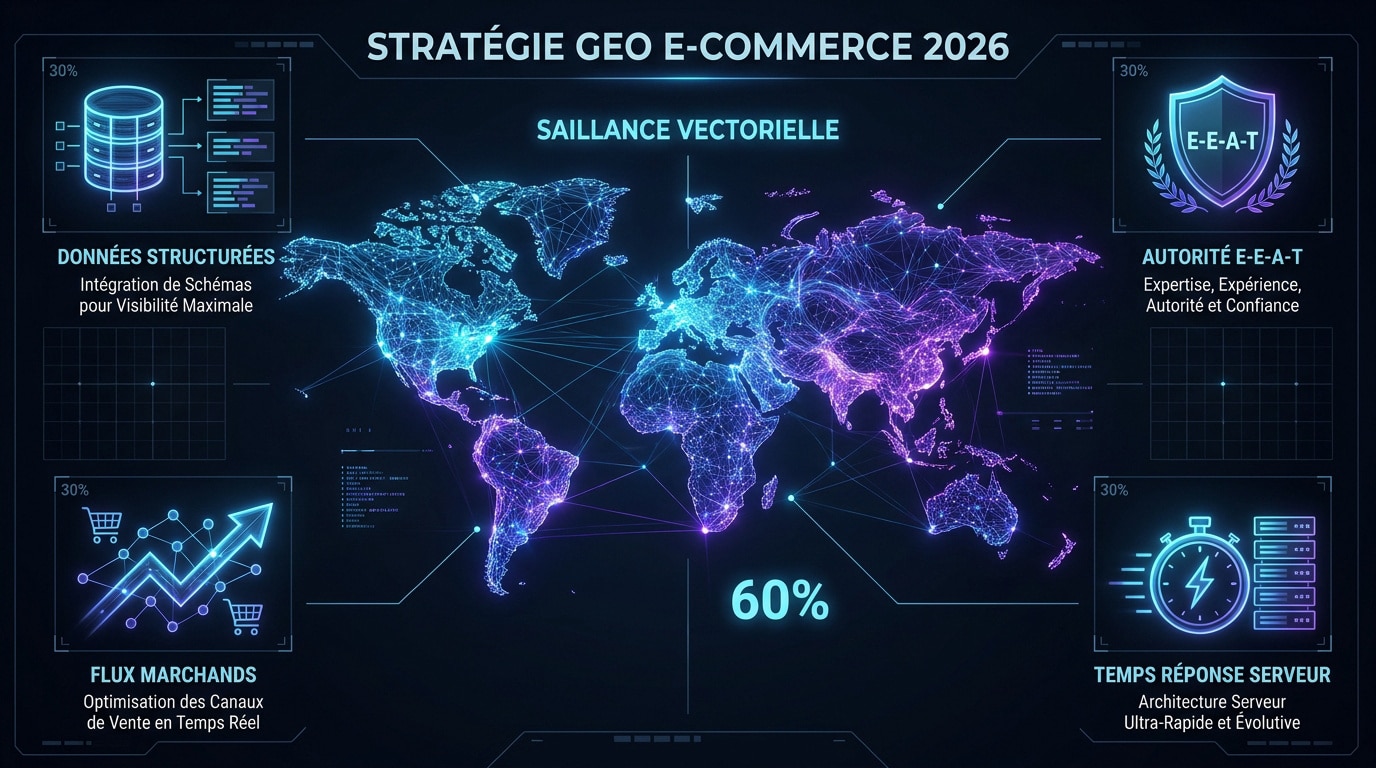 Schéma stratégique du GEO e-commerce et de la saillance vectorielle pour 2026