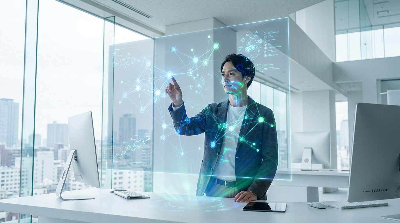 Un homme d'affaires interagissant avec une interface numérique holographique dans un bureau moderne.