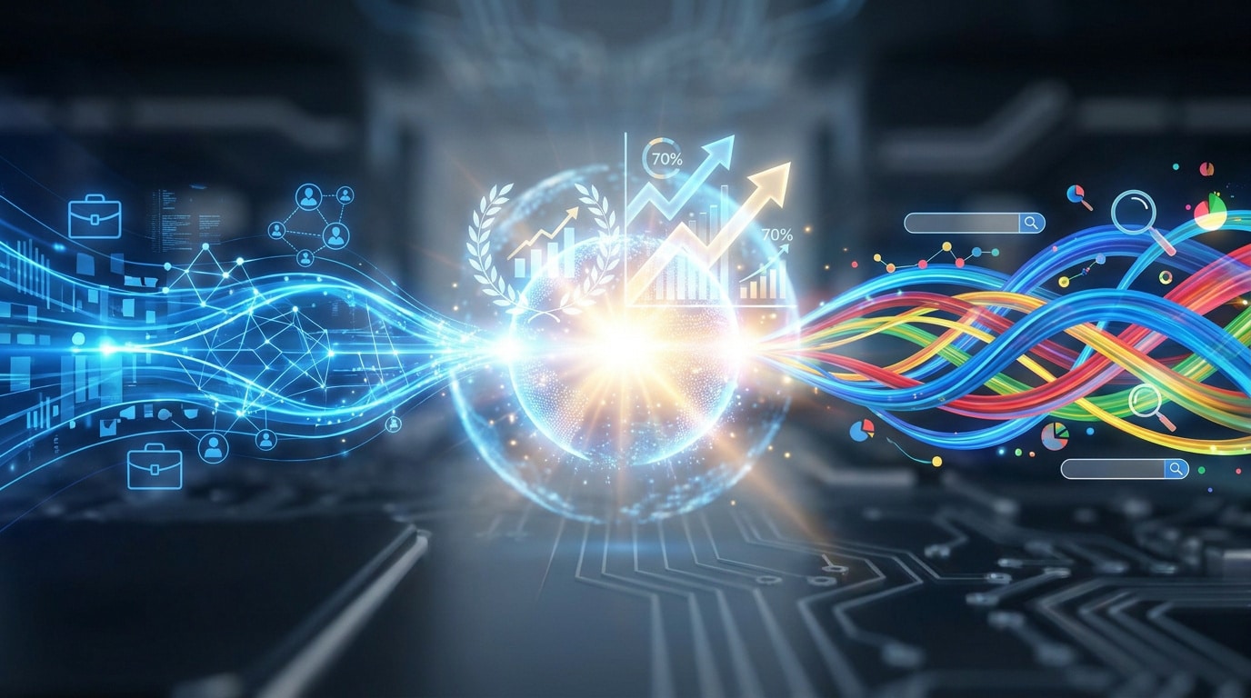Représentation numérique de la fusion entre données réseau et recherche avec des flux lumineux et des graphiques.
