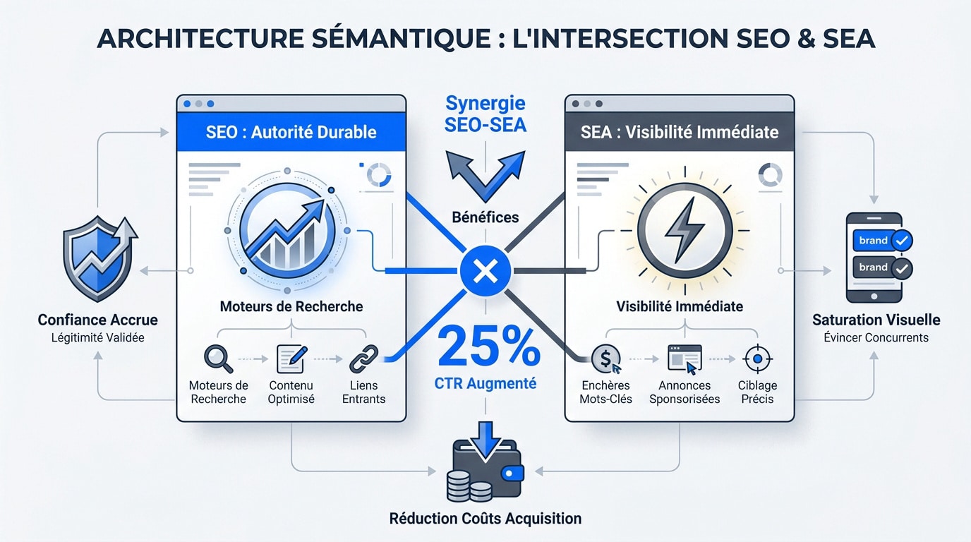 Schéma de l'architecture sémantique intégrant la synergie entre le référencement naturel et payant