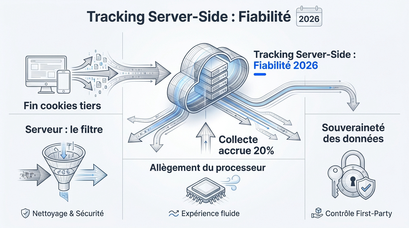 Schéma technique du tracking server-side en 2026 montrant la fiabilité de la collecte de données