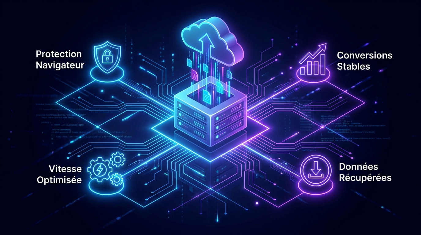 Schéma technique illustrant la sécurité et la performance du tracking server-side