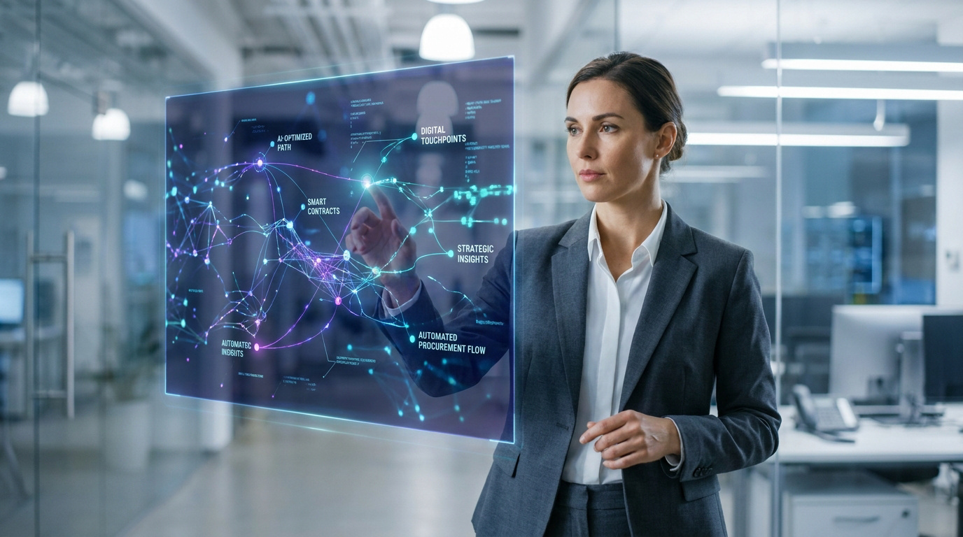 Une femme d'affaires utilisant une interface holographique interactive avec des données de flux B2B complexes.
