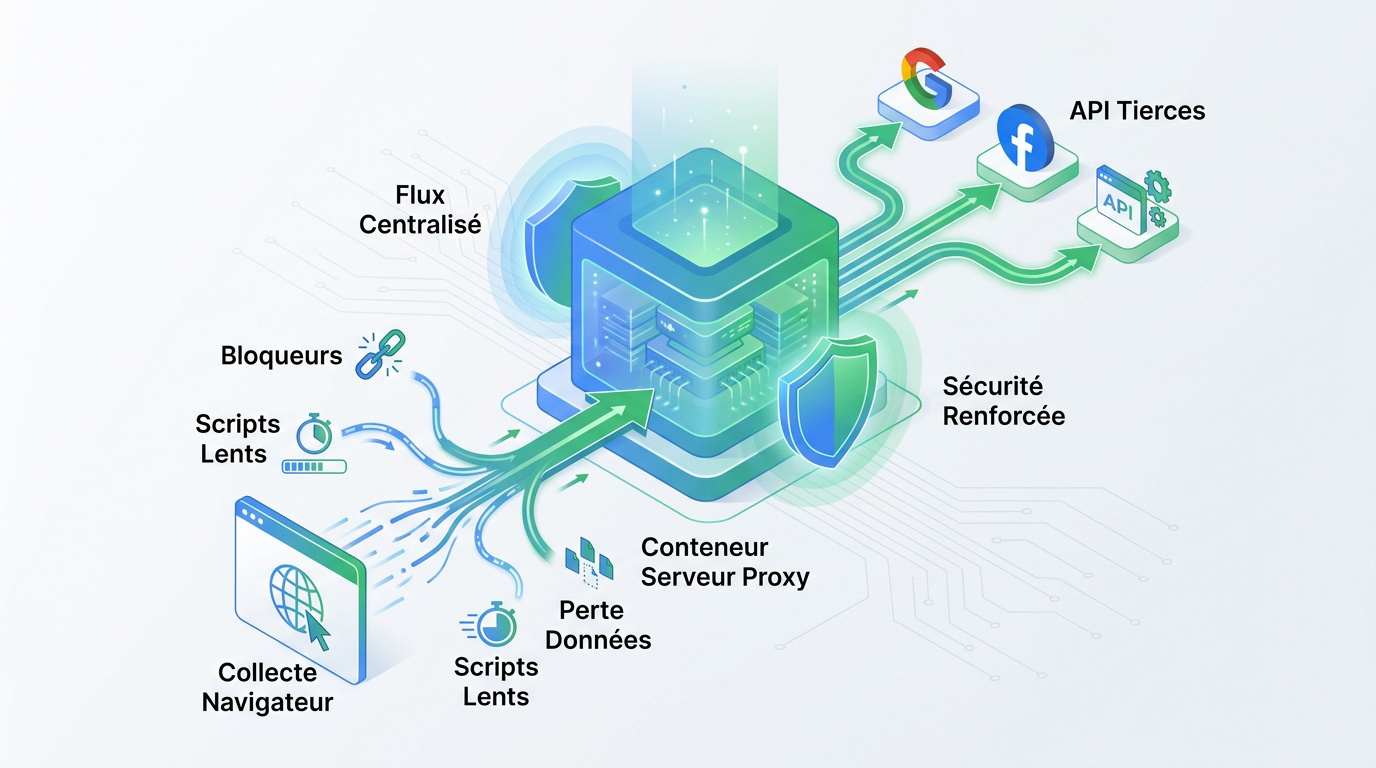 Schéma explicatif de la transition du tracking client-side vers le mode server-side via GTM