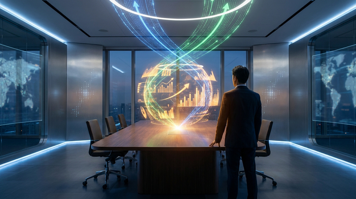 Homme d'affaires observant un globe holographique de données dans une salle de conférence futuriste.