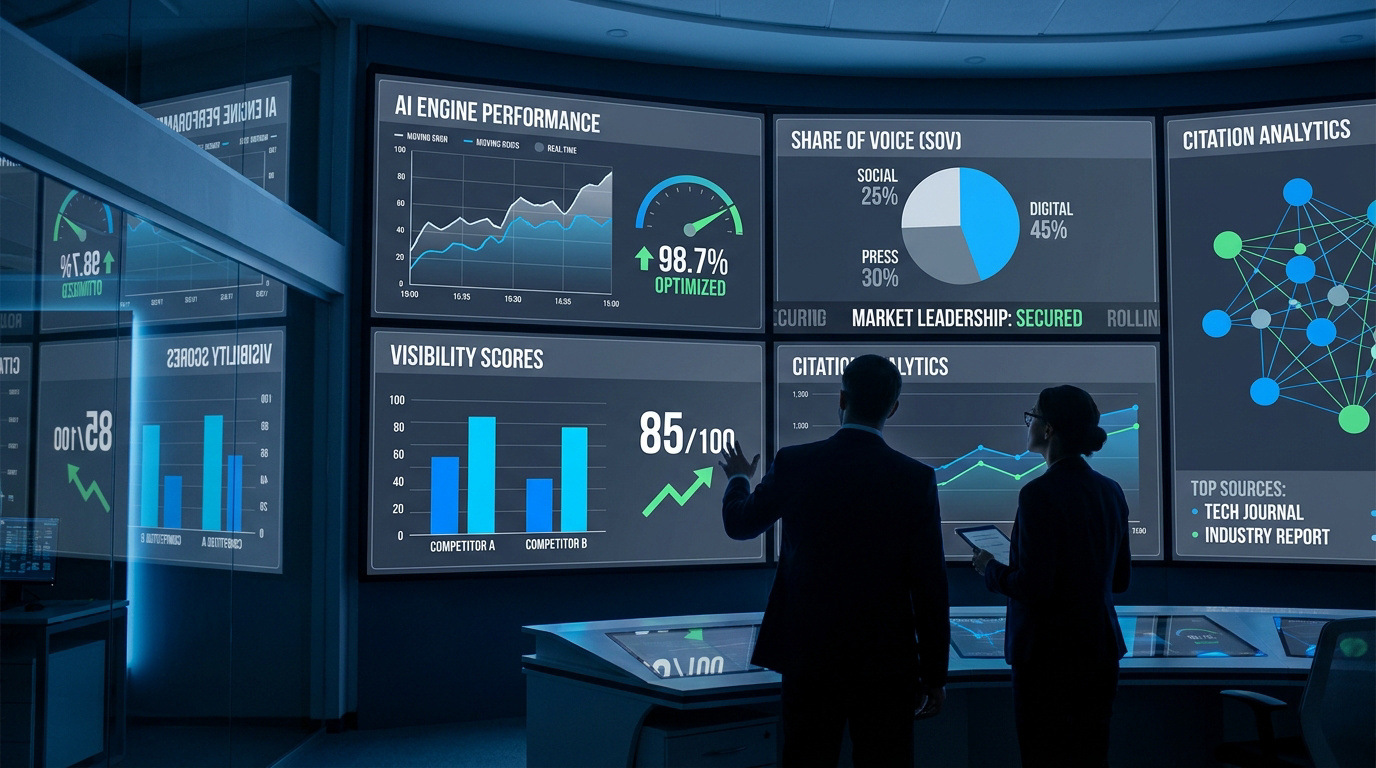 Deux professionnels analysant des graphiques de performance IA et des statistiques sur un grand écran de contrôle.