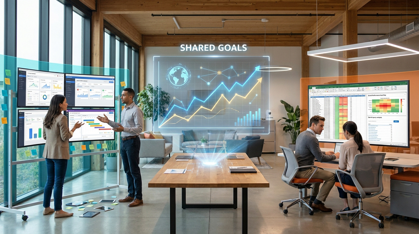 Équipe travaillant sur des données SEA avec des écrans interactifs affichant des graphiques et des tableaux dans un bureau.