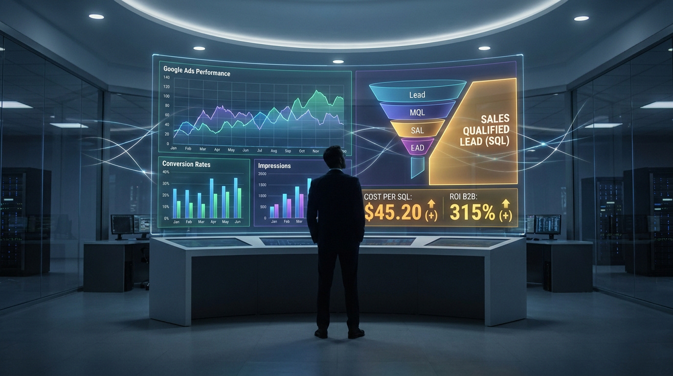 Un homme en costume observe un écran futuriste affichant des données de performance Google Ads et un tunnel de conversion.