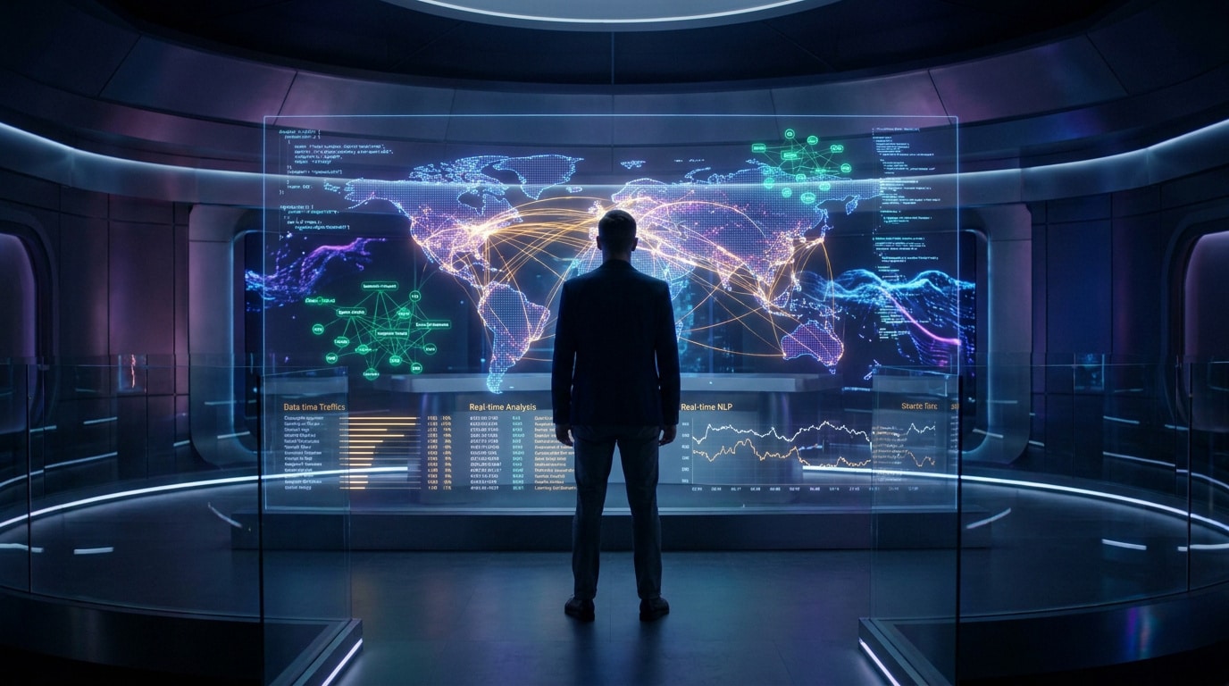 Un homme observe une carte du monde numérique sur un écran holographique géant dans un centre de données futuriste.