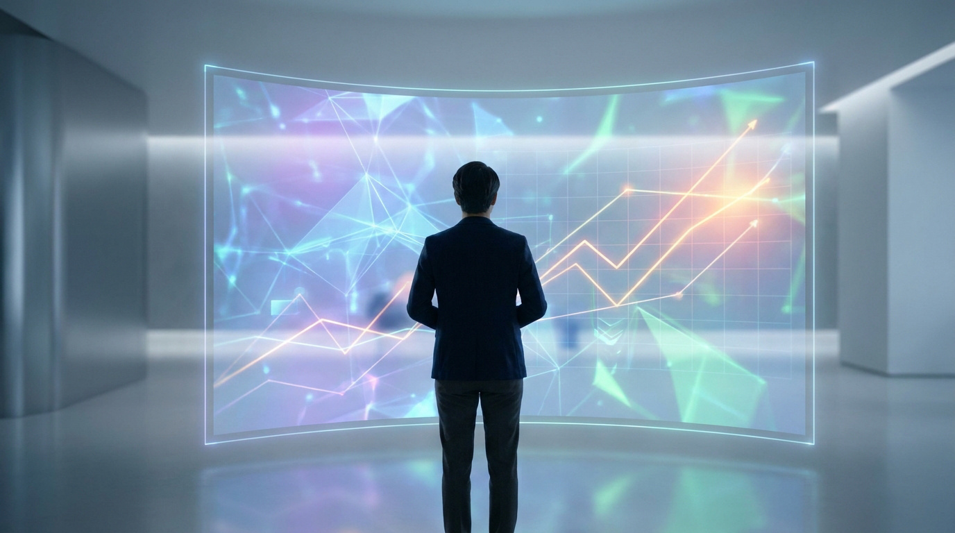 Un homme en costume observe un écran futuriste affichant des données et des graphiques de croissance dans un bureau moderne.