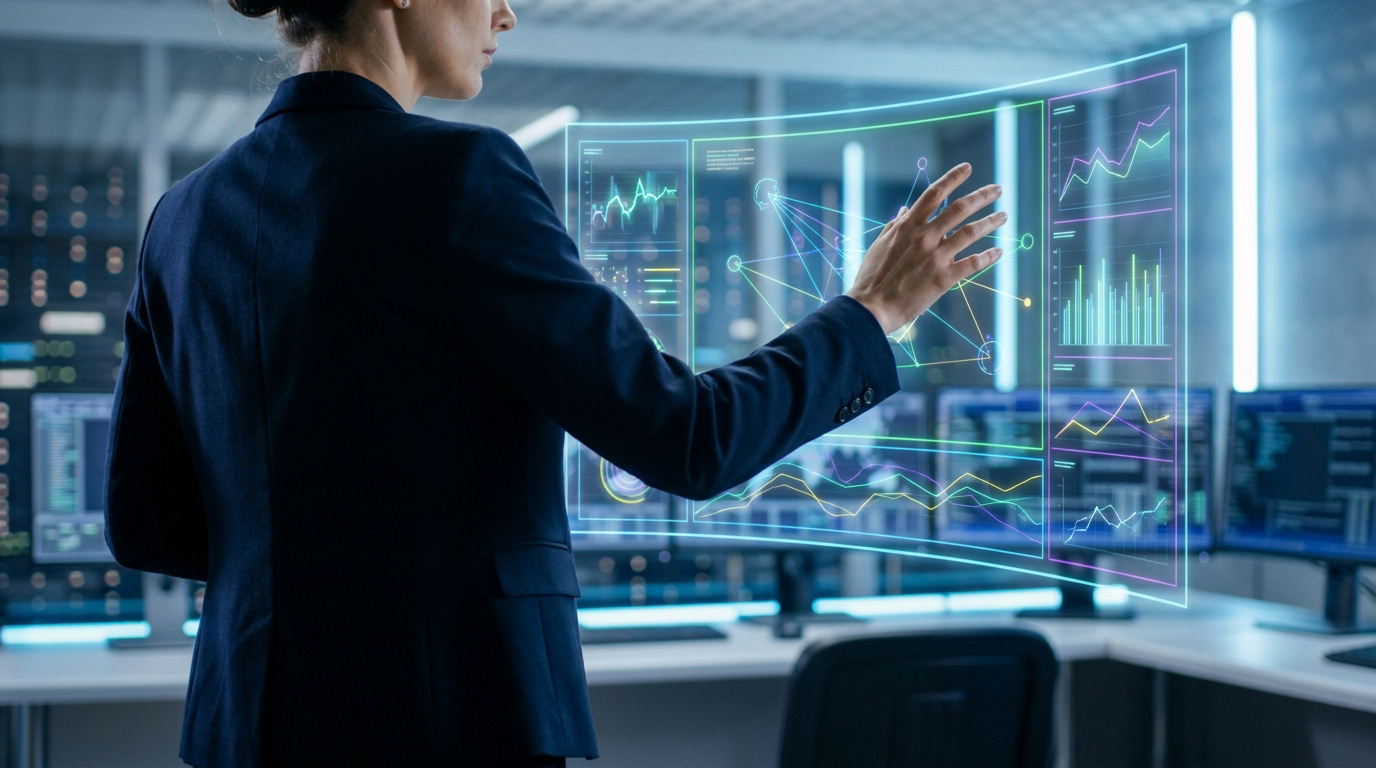 Une femme d'affaires analyse des graphiques de performance sur un écran holographique interactif dans un bureau moderne.